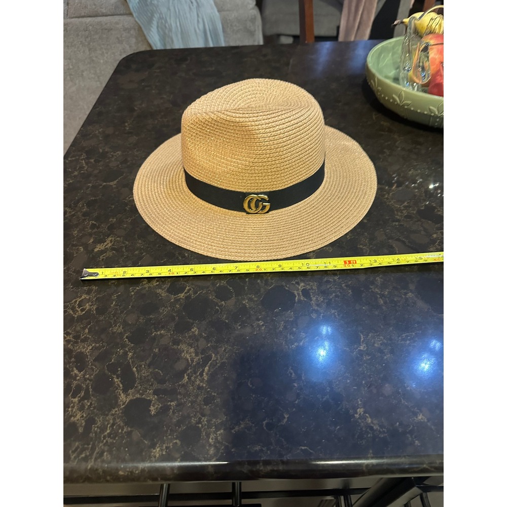 Gold Interlocking G Logo Woven Paper Straw Wide Brim Sun Hat Fedora Tan Black